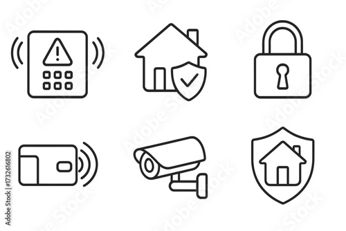 Home security icon set in thin line style. Vector collection of safety symbols for web design. Includes alarm system, cctv camera, smart lock, key card, and property insurance.