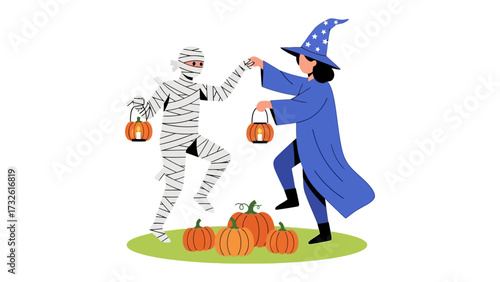 Halloween Dance: A mummy and a witch in playful Halloween costumes dance and celebrate the spooky season. A festive illustration featuring Halloween elements with pumpkins and lanterns.
