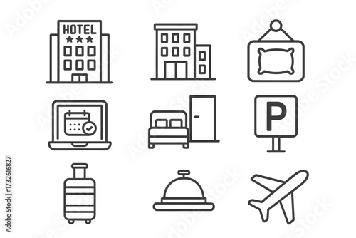 Hotel and travel line icon set. Vector collection of apartment rental, online reservation, room booking, airport service, and parking symbols for web and mobile design.