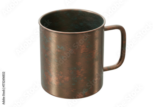 Copper mug isolated on transparent background, vintage metal cup for hot drinks and camping, rustic style