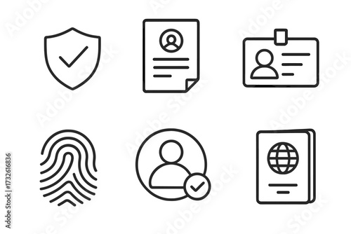 Identity verification and security web icons. Line style icon set includes passport, ID card, document, and fingerprint biometrics. User authentication and personal data concept.
