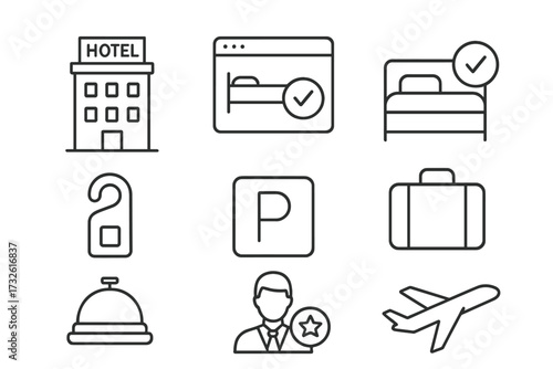 Hotel and travel line icon set. Vector signs for web, app. Booking, reservation, accommodation, flight, airport, room, luggage, parking, concierge, do not disturb symbol.