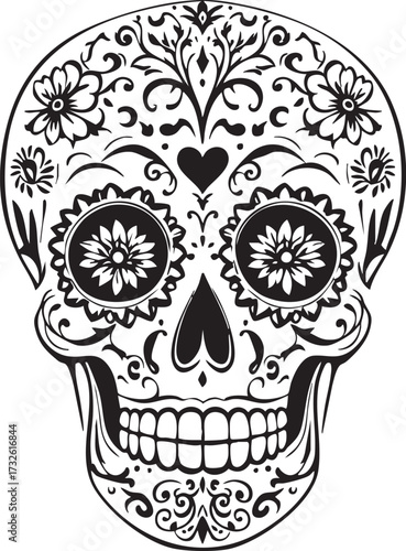 Day of the Dead sugar skull vector with floral eyes, heart motif, and ornamental swirls for cultural celebration design