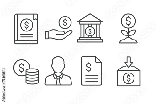Financial business line icon set. Thin outline symbols for income, payment, bank, investment, accounting, tax, work, and savings. Editable stroke vector illustration collection.