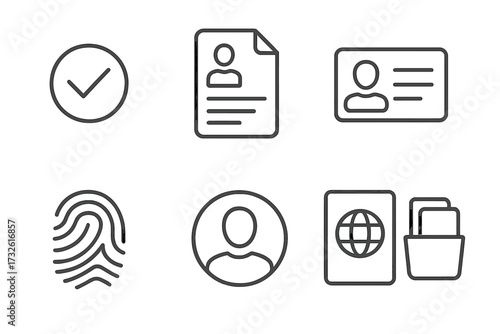 Identity and verification line icon set. Personal data, security, and identification symbols. Includes passport, ID card, resume, biometric fingerprint, and user profile icons.