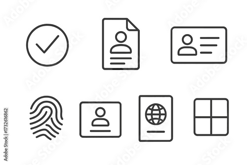 Identity and verification line icon set for web and mobile. Personal data, security, authentication concepts. Includes passport, ID card, fingerprint biometric, and user document icons.