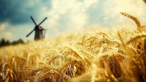 Ripe wheat field swaying with a blurred windmill against a blue sky and cloudscape
