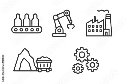 Industrial process line icon set. Factory, robotic arm, mass production conveyor, mining, gears. Automation, manufacturing, engineering concept. Vector collection illustration.
