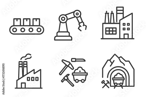 Industry line icons set. Mass production, factory, robotic arm manipulator, conveyor belt, coal mining, and ore extraction. Vector pictogram collection for web design.