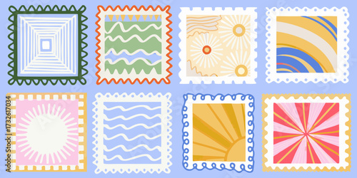 Collection of eight hand drawn decorative postage stamps with colorful abstract patterns and borders