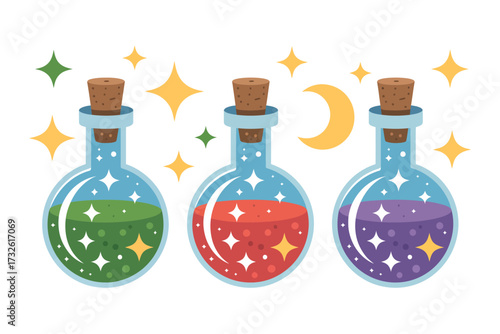 Three colorful magic potions with sparkling stars and moon