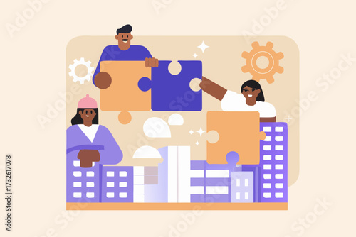 Diverse team of people collaborating to build a city with puzzle pieces and gears symbolizing teamwork and progress