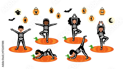 Halloween Yoga Class: A whimsical illustration presents children in festive skeleton costumes, engaged in playful yoga poses on carved pumpkins against a backdrop of Halloween motifs, lanterns.