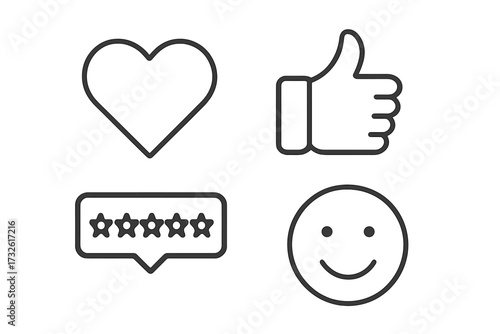 Like and feedback web icons in line style. Heart, thumb up, star rating, smile face. Social media positive appreciation, customer satisfaction, user review vector collection.