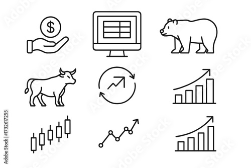 Stock market trading line icon set. Bull and bear finance symbols for investment and economy. Growth chart, candlestick graph, and profit analysis vector illustration.