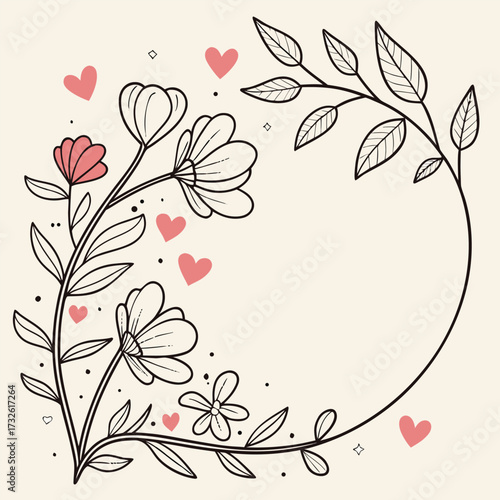 Romantic Flower and Leaf Doodle Frame