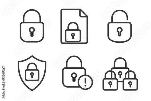 Lock web icons in line style. Security, safe, document, unlock, protection, issue, collection. Vector pictogram set for cybersecurity, data privacy, and access control concepts.