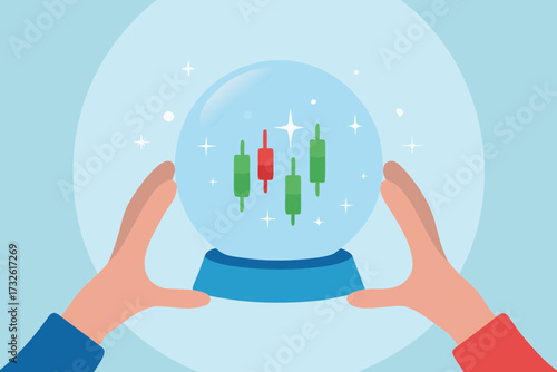 Hands holding a crystal ball showing stock market candlestick chart predicting future trends