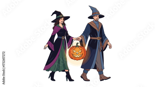Halloween Costume: A duo dressed in witch and wizard costumes is ready for Halloween, the orange pumpkin illuminating the darkness, capturing the spooky and celebratory spirit of All Hallows' Eve.
