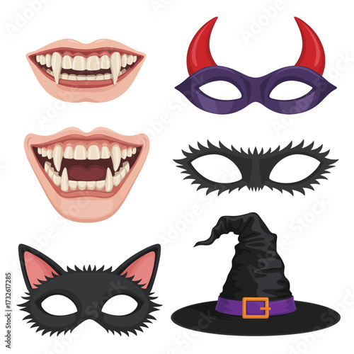 Collection of halloween costume accessories including vampire teeth masks and witch hat