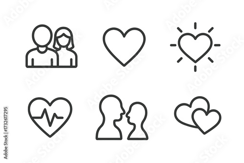 Love and romance line icon set. Vector collection of relationship symbols for web and app design. Includes couple, heart, heartbeat, passion, and feelings concepts.