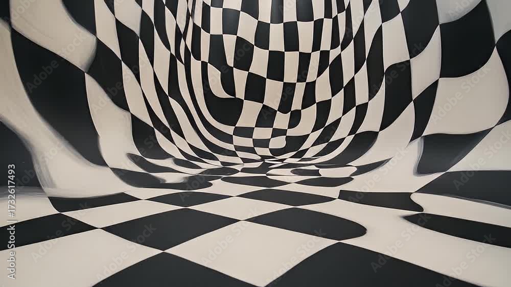 Distorted checkerboard pattern creates an optical illusion of a curved ...