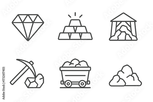 Mining icons set in line style with diamond, gold bars, mine entrance, pickaxe, ore cart, coal pile, mining equipment vector illustration for industry and resources