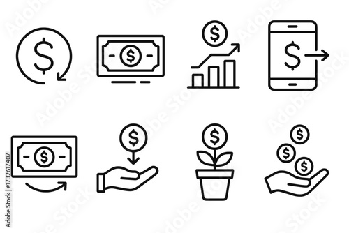 Money movement icons set in line style with dollar coin, cash, profit growth, sending money, cashback, investment, and financial collection symbols, vector illustration