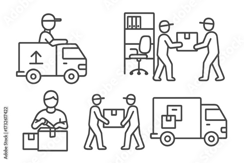 Moving service line icons set, courier delivery, office relocation, packing and loading workers, parcel handling, transportation vector illustration, transparent background