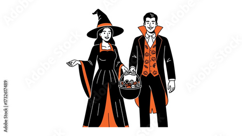 Halloween Couple: A bewitching illustration of a witch and a vampire. Standing side by side, they embark on a night of spooky adventures, embodying the spirit of the festivities.