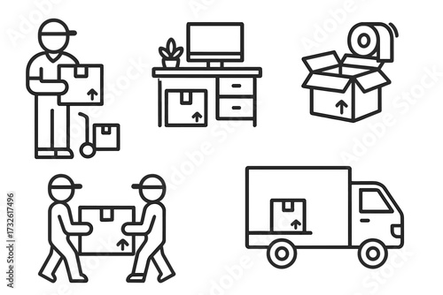 Moving service icons set in line style, courier delivery, office relocation, packing and loaders teamwork, transport truck, parcel handling, logistics vector illustration collection