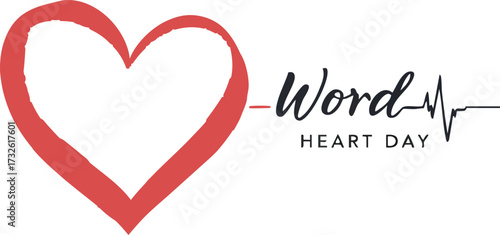World Heart Day vector with red heart outline, heartbeat line, and awareness text for global cardiovascular health campaign