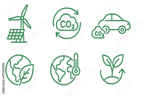 Net zero carbon icons set. Green energy, CO2 neutral, gas emissions reduction, climate change, ecology symbols collection for sustainable environment, clean power vector