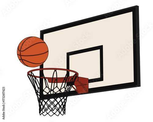 Basketball going through the net and hoop on a white background