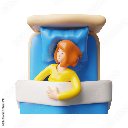 Young woman in pajamas sweet dreams vector 3D plastic style, cartoon character lying on the bed, rest, relax night time