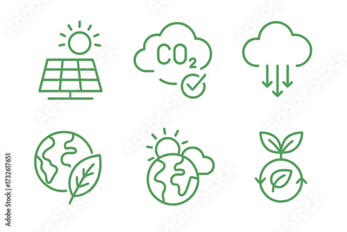 Net Zero icons line style green energy solar panel CO2 neutral climate change ecology environment gas emissions sustainability vector illustration set