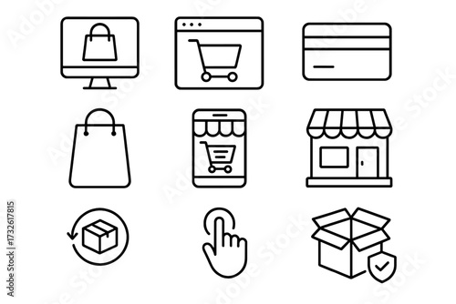 Online shopping icons set in modern line style, including e-commerce web shop, mobile store, credit card payment, digital marketing, secure package delivery, click interface symbols, vector collection