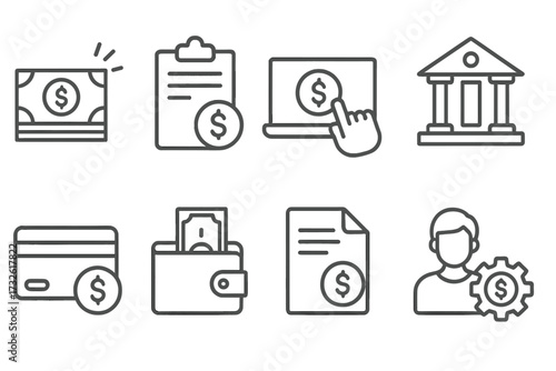 Personal finance icons set in line style, salary management, budgeting, online payment, banking, credit card, wallet with cash, tax documents, financial management, collection concept vector