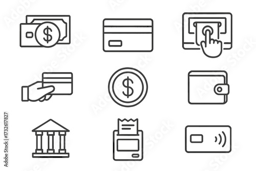 Payment web icons in modern line style, money symbols, online payment methods, credit card, digital wallet, bank building, transaction receipt, contactless pay, business finance vector illustration