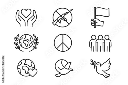 Peace icons set in line style, moral values concept, no war symbol, freedom sign, harmony and peace day celebration, dove of peace vector illustration, global unity collection