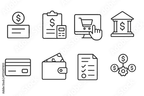 Personal finance icons set in line style with salary, budget, online payment, bank, credit card, wallet, tax management, financial checklist, and money flow concepts