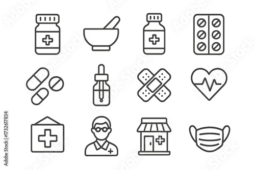 Pharmacy web icon set in clean line style, medical preparations, equipment, drug pills blister pack, health symbols, pharmacist, masks, healthcare vector collection, transparent background