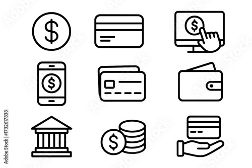Payment web icons in line style, money symbols, online payment methods, credit card, digital wallet, bank building, coin stack, business finance vector, transparent background