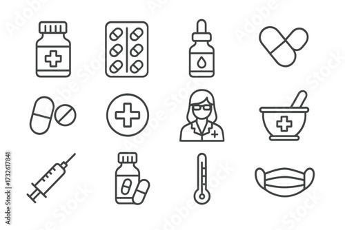 Pharmacy web icon set in line style including medical preparations, pharmaceutical equipment, pills, health symbols, pharmacist, face masks, and syringe collection, vector illustration