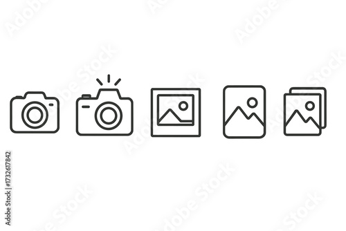 Photography web icons in line style, camera and photo collection, print and photo card symbols, vector illustration set with transparent background, minimal design icons for photography apps