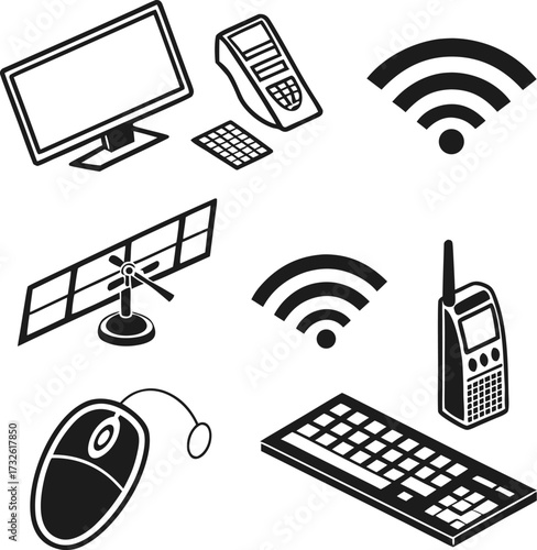 Collection of black and white technology icons including computer monitor keyboard mouse satellite dish and wireless signals