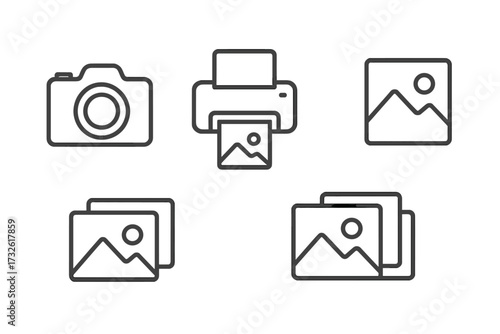 Photography and photo print web icons in modern line style, camera and photo card collection, image gallery symbols, digital photography tools, vector illustration set with transparent background