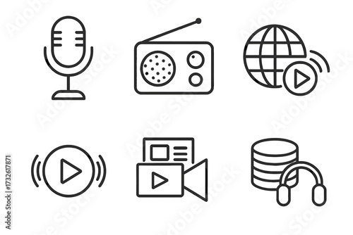 Podcast and webcast line style icons set featuring microphone, radio, audio streaming, video player, news media, and headphone digital sound symbols vector illustration