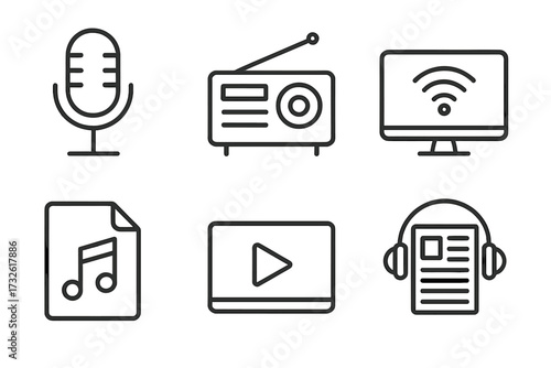 Podcast and media line icons set with microphone, radio, webcast, audio file, video player, and news headphones symbols, vector illustration transparent background