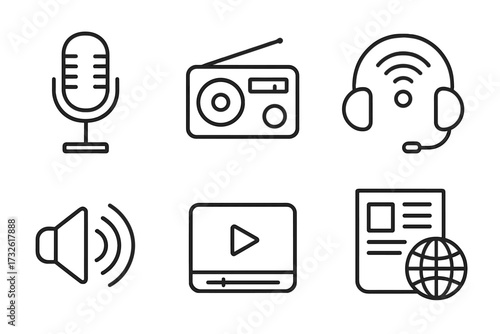 Podcast and media icons set in line style, including microphone, radio, headset, audio speaker, video player, and news globe, digital communication symbols vector illustration